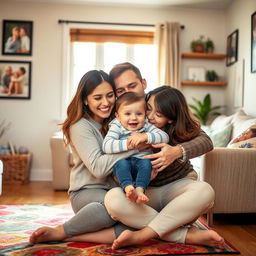 A warm and loving scene depicting two parents embracing their child in a cozy living room