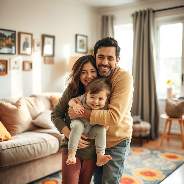 A warm and loving scene depicting two parents embracing their child in a cozy living room