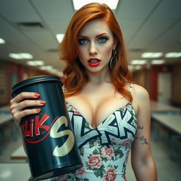 Close-up shot of a gorgeous female redhead, wearing a floral pattern sundress that highlights her large chest and cleavage, holding a large black container adorned with a prominent 'SLiKK' graffiti logo