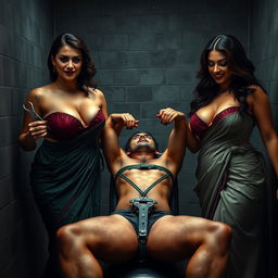 An intense interrogation room scene featuring two beautiful and curvy women dressed in seductive sarees that flaunt their ample curves and prominent cleavage