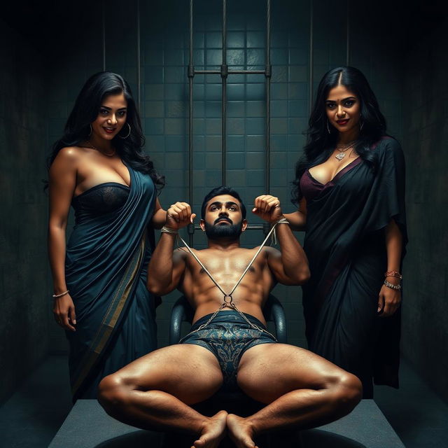 An intense interrogation room scene featuring two beautiful and curvy women dressed in seductive sarees that flaunt their ample curves and prominent cleavage