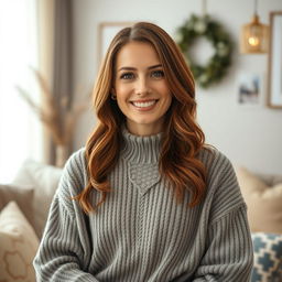 A woman aged 30 to 45, with beautiful chestnut brown hair and a classic European appearance, clad in a cozy and fashionable sweater