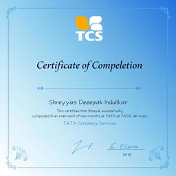 A professional internship certificate design featuring the logo of TCS (Tata Consultancy Services) prominently displayed at the top