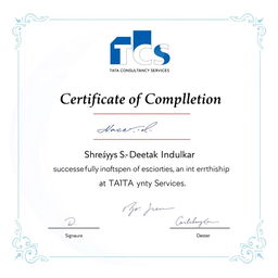 A professional internship certificate design featuring the logo of TCS (Tata Consultancy Services) prominently displayed at the top