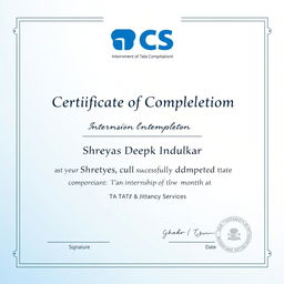 A professional internship certificate design featuring the logo of TCS (Tata Consultancy Services) prominently displayed at the top