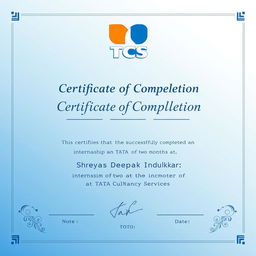 A professional internship certificate design featuring the logo of TCS (Tata Consultancy Services) prominently displayed at the top