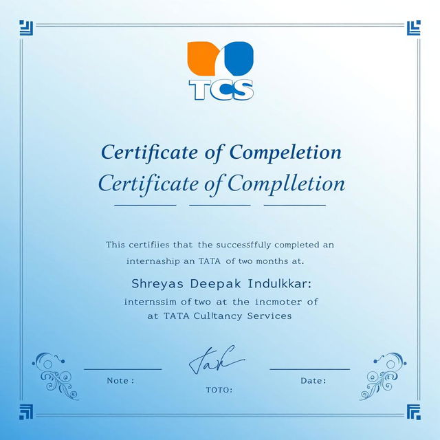 A professional internship certificate design featuring the logo of TCS (Tata Consultancy Services) prominently displayed at the top