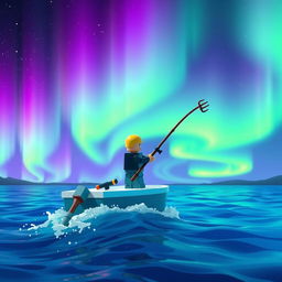 A fisherman on top of a boat, fishing in an ocean during a mesmerizing aurora borealis