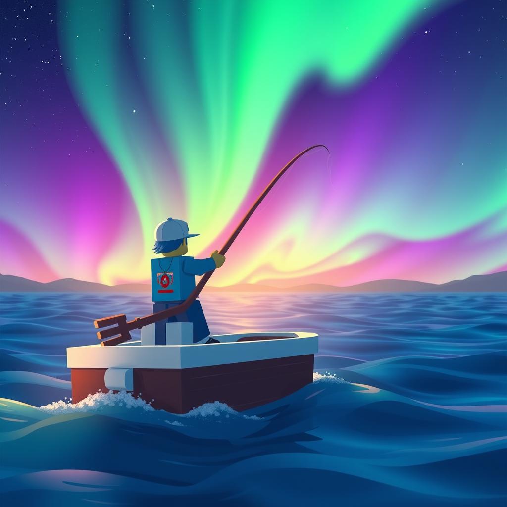 A fisherman on top of a boat, fishing in an ocean during a mesmerizing aurora borealis