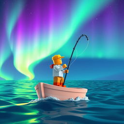 A fisherman on top of a boat, fishing in an ocean during a mesmerizing aurora borealis