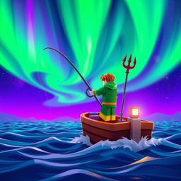 A fisherman on top of a boat, fishing in an ocean during a mesmerizing aurora borealis