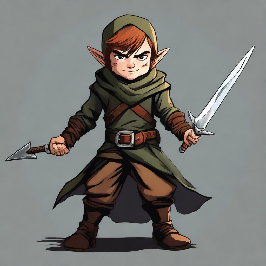 This is a top-notch digital art piece that portrays a halfling rogue, shrouded in shadows, wielding two gleaming daggers