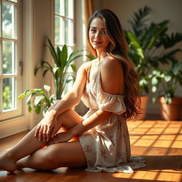 A striking portrait of a woman with long flowing hair, sitting gracefully in a sunlit room