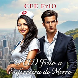 A captivating romance novel cover featuring a young and beautiful nurse with long dark hair, wearing a stylish yet professional nurse's outfit