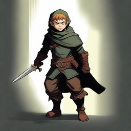 This is a top-notch digital art piece that portrays a halfling rogue, shrouded in shadows, wielding two gleaming daggers