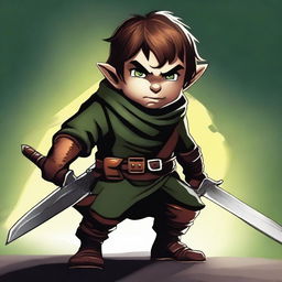 This is a top-notch digital art piece that portrays a halfling rogue, shrouded in shadows, wielding two gleaming daggers