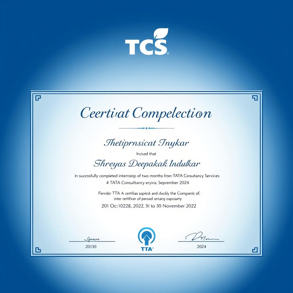 A professional internship certificate design featuring the logo of TCS (Tata Consultancy Services) prominently displayed at the top