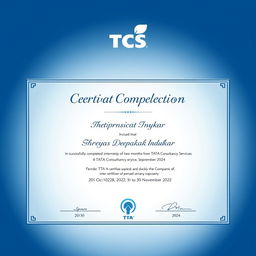 A professional internship certificate design featuring the logo of TCS (Tata Consultancy Services) prominently displayed at the top