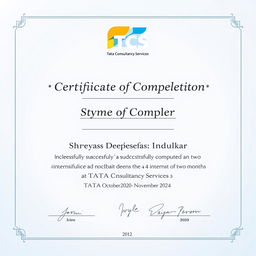 A professional internship certificate design featuring the logo of TCS (Tata Consultancy Services) prominently displayed at the top