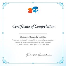 A professional internship certificate design featuring the logo of TCS (Tata Consultancy Services) prominently displayed at the top