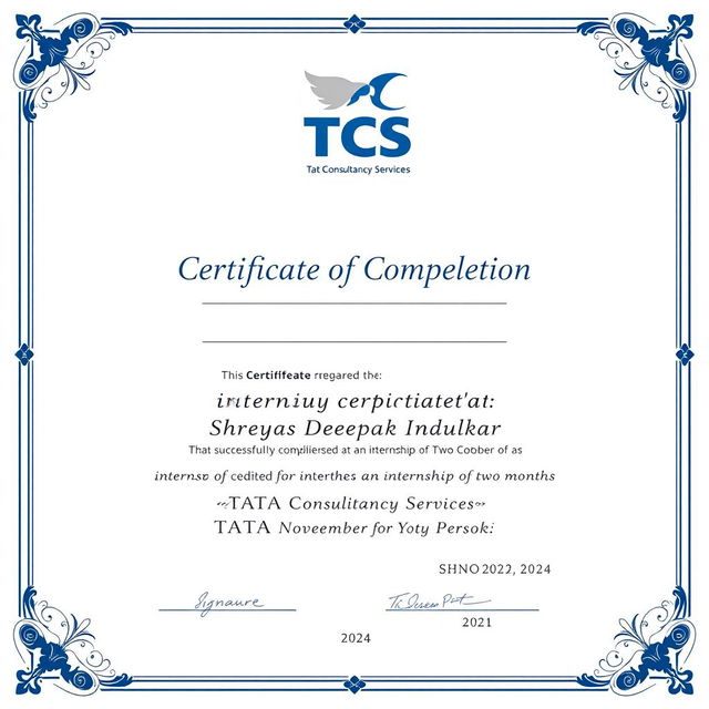 A professional internship certificate design featuring the logo of TCS (Tata Consultancy Services) prominently displayed at the top