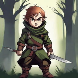 This is a top-notch digital art piece that portrays a halfling rogue, shrouded in shadows, wielding two gleaming daggers