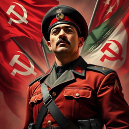 A dramatic and dynamic portrayal of a member of the Islamic Revolutionary Guard Corps (Sepah Pasdaran), blending elements of communist imagery with military aesthetics