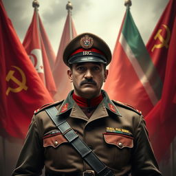 A dramatic and dynamic portrayal of a member of the Islamic Revolutionary Guard Corps (Sepah Pasdaran), blending elements of communist imagery with military aesthetics