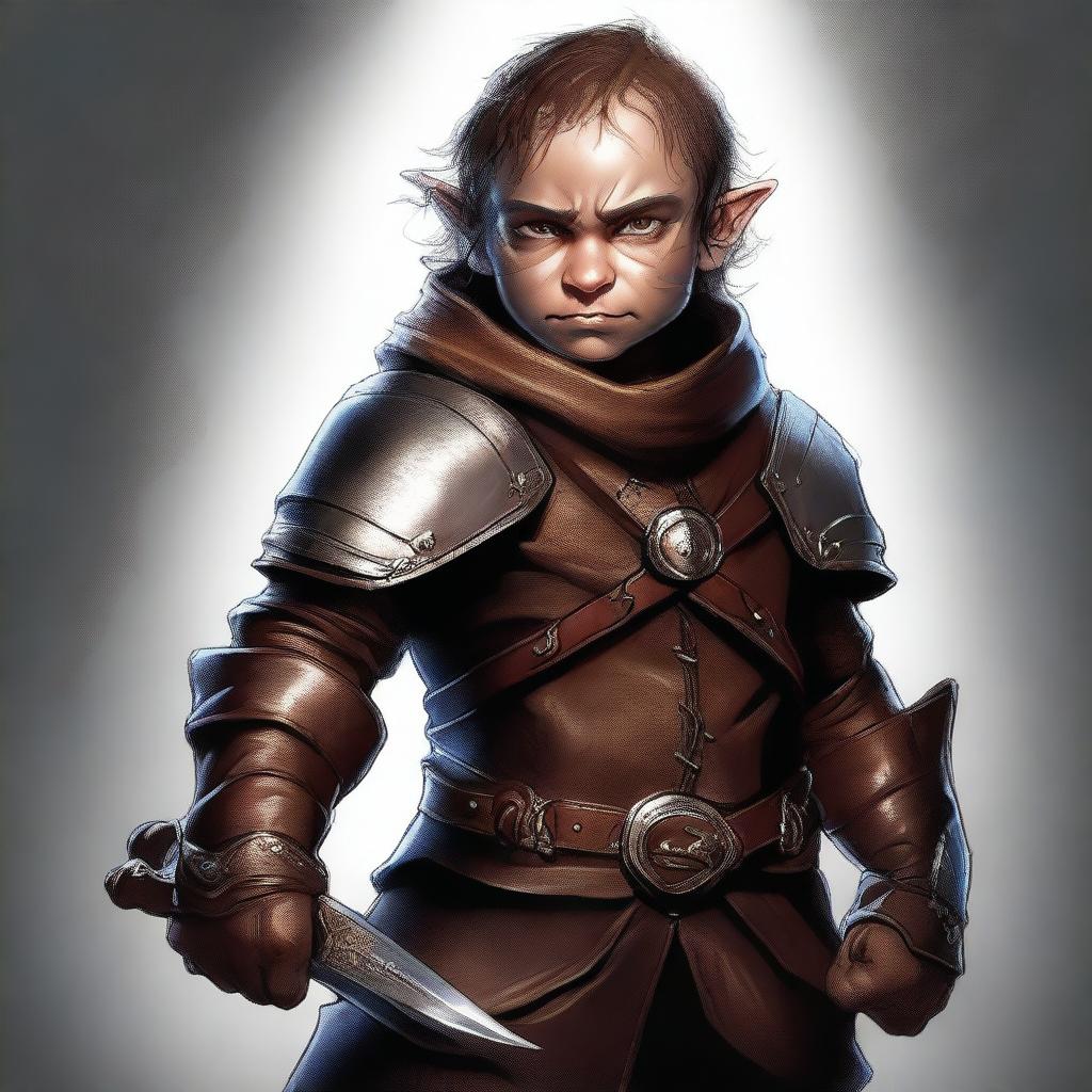 A digital art masterpiece showing a halfling rogue, shrouded in shadows, holding two gleaming daggers