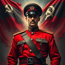 A dramatic and dynamic portrayal of a member of the Islamic Revolutionary Guard Corps (Sepah Pasdaran), blending elements of communist imagery with military aesthetics