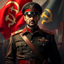 A dramatic and dynamic portrayal of a member of the Islamic Revolutionary Guard Corps (Sepah Pasdaran), blending elements of communist imagery with military aesthetics