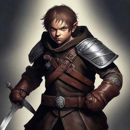 A digital art masterpiece showing a halfling rogue, shrouded in shadows, holding two gleaming daggers