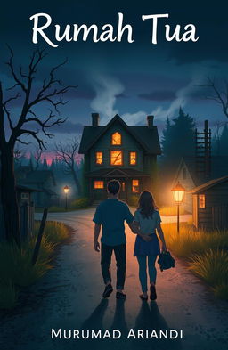 An illustrated Wattpad cover featuring two friends walking towards a mysterious old house at the edge of town on a less traveled gravel road at dusk