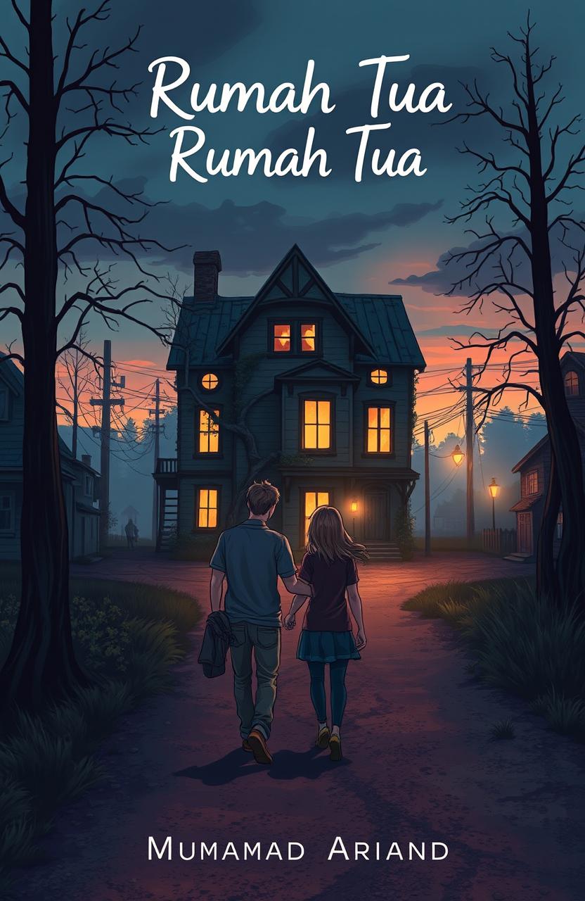 An illustrated Wattpad cover featuring two friends walking towards a mysterious old house at the edge of town on a less traveled gravel road at dusk