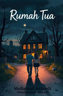 An illustrated Wattpad cover featuring two friends walking towards a mysterious old house at the edge of town on a less traveled gravel road at dusk