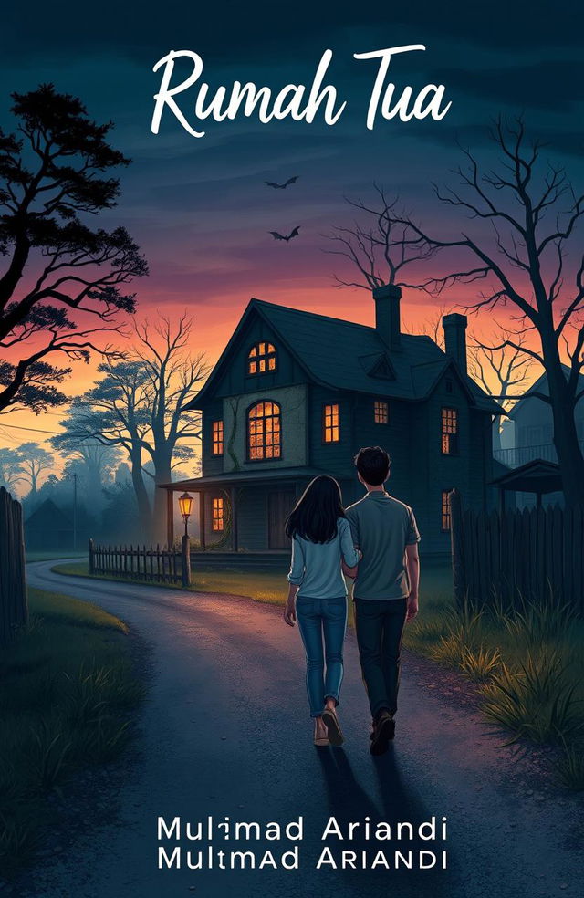 An illustrated Wattpad cover featuring two friends walking towards a mysterious old house at the edge of town on a less traveled gravel road at dusk