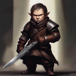 A digital art masterpiece showing a halfling rogue, shrouded in shadows, holding two gleaming daggers