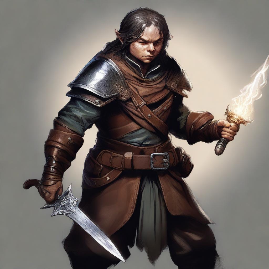 A digital art masterpiece showing a halfling rogue, shrouded in shadows, holding two gleaming daggers