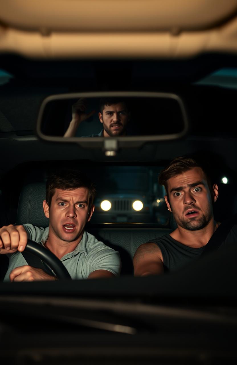 A tense scene inside a car, depicting two gay men looking horrified and startled as they notice a looming truck in their rearview mirror