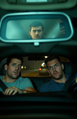 A tense scene inside a car, depicting two gay men looking horrified and startled as they notice a looming truck in their rearview mirror