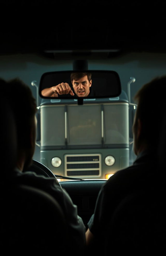 A tense scene inside a car, depicting two gay men looking horrified and startled as they notice a looming truck in their rearview mirror