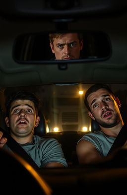 A tense scene inside a car, depicting two gay men looking horrified and startled as they notice a looming truck in their rearview mirror
