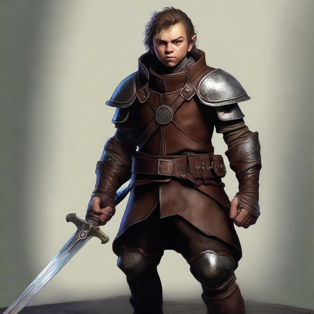 A top-tier digital art piece displays a halfling rogue in textured leather armor, brandishing two gleaming daggers