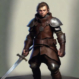 A top-tier digital art piece displays a halfling rogue in textured leather armor, brandishing two gleaming daggers