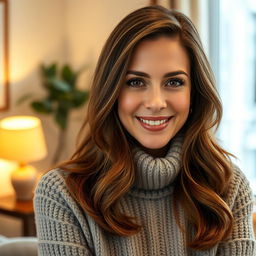 A woman aged 30 to 45, showcasing lovely chestnut brown hair and a distinct European appearance, wearing a stylish and cozy sweater