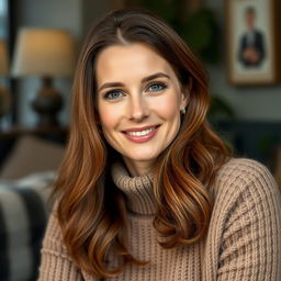 A woman aged 30 to 45, showcasing lovely chestnut brown hair and a distinct European appearance, wearing a stylish and cozy sweater