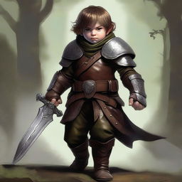 A top-tier digital art piece displays a halfling rogue in textured leather armor, brandishing two gleaming daggers