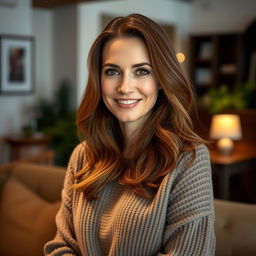 A woman aged 30 to 45, showcasing lovely chestnut brown hair and a distinct European appearance, wearing a stylish and cozy sweater