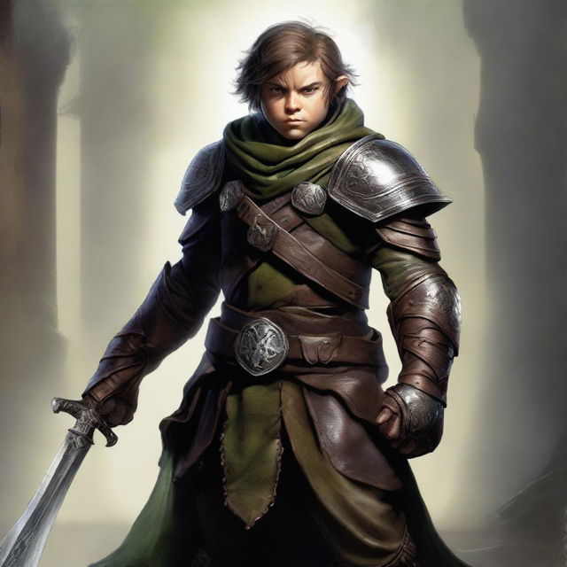 A top-tier digital art piece displays a halfling rogue in textured leather armor, brandishing two gleaming daggers