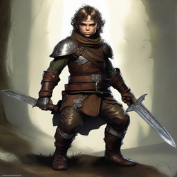 A top-tier digital art piece displays a halfling rogue in textured leather armor, brandishing two gleaming daggers